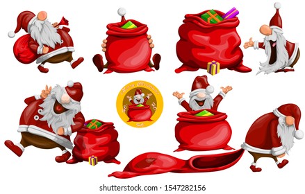 Set of fun and funny Santa Claus (Santa Claus) with a bag of gifts in cartoon style.