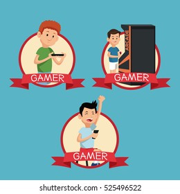 set fun gamers play video banner blue backgroung