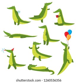 Set of fun green crocodiles occupying a pleasant pastime. Green alligator reads a book, flies on balloons, swims, dreams, eats and more.