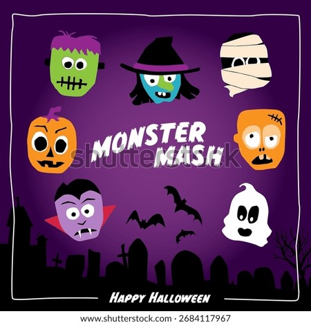Set of fun Halloween vector clip-art illustrations featuring seven monsters. Includes flying bats, a silhouette of a graveyard, and the words “monster mash” and “Happy Halloween” in a spooky font.