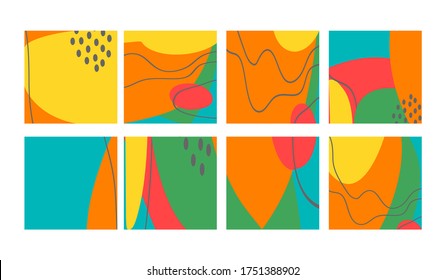 Set of fun hand drawn colorful shapes, doodle objects, lines and dots collage, modern trendy abstract pattern background for design banners. Red  orange gree yellow pastel colors. Vector illustrations