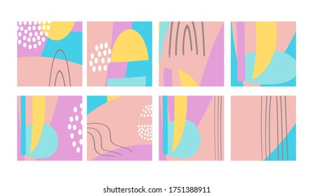 Set of fun hand drawn colorful shapes, doodle objects, lines and dots collage, modern trendy abstract pattern background for design banners. Pink cyan blue yellow pastel colors. Vector illustrations