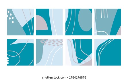 Conjunto de divertidas formas coloreadas a mano, objetos de doodle, collage de líneas y puntos, moderno fondo de patrón abstracto para banners de diseño. Tonos pastel gris claro y azul. Ilustraciones vectoriales