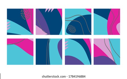 Set of fun hand drawn colorful shapes, doodle objects, lines and dots collage, modern trendy abstract pattern background for design banners. Blue cyan pink pastel bright colors. Vector illustrations