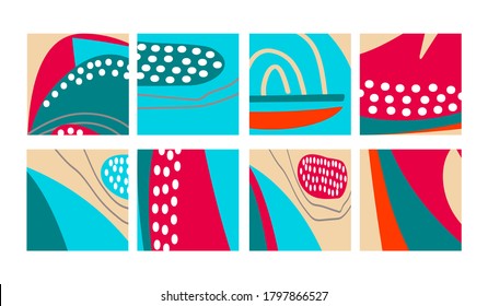 Set of fun hand drawn colorful shapes, doodle objects, lines and dots collage, modern trendy abstract pattern background for design banners. Blue red beige pastel neon colors. Vector illustrations