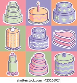 Set of fun hand drawn layered cakes in pastel colors
