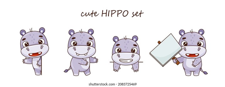 Set of fun hippos in cartoon style. Shows, holding a banner, look out. Hippopotamuss. Illustration for children. Childish.Isolated on white. Vector illustration. For decor, patterns, children's books