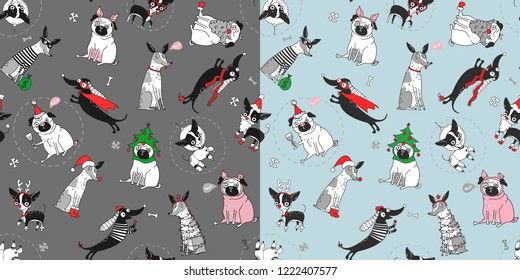 Conjunto de divertidas texturas sin fisuras con perros con disfraces navideños. Pug en lechón de kotyum. Opciones en azul y gris. Ilustración del vector