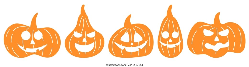 A set of fun and horrible orange pumpkins isolated on white. A collection of pumpkins for Halloween in the style of a flat, decorations for the holiday.