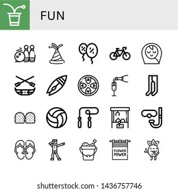 Set of fun icons such as Beer pong, Bowling pins, Party hat, Balloons, Bicycle, Baby boy, Canoe, Surfboard, Gamepad, Champagne, Leotard, Gummy, Volleyball, Skipping rope , fun