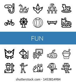 Set of fun icons such as Diving glasses, Bicycle, Origami, Ferris wheel, Claws, Beach ball, Champagne, Skate board, Rocking horse, Ice skate, Bungee jumping, Skater, Kite , fun