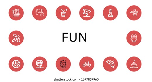 Set of fun icons. Such as Flower bouquet, Game, Beer pong, Spring swing rocket, Party hat, Paintball gun, Volleyball, Round up ride, Hippie, Bicycle, Controller, Circus tent , fun icons