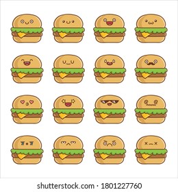 Set of fun kawaii cheese hamburger icon cartoons isolated on white background