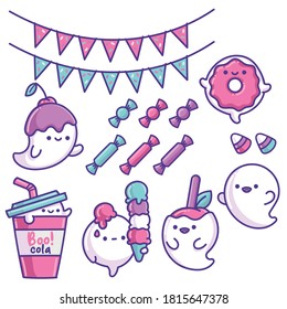 set of fun kawaii donut Halloween ghost candy birthday party elements