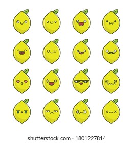 set of fun kawaii lemon fruit icon cartoons isolated on white background