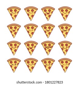 set of fun kawaii pepperoni sliced pizza icon cartoons isolated on white background