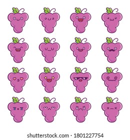 Set of fun kawaii purple grape fruit icon cartoons isolated on white background