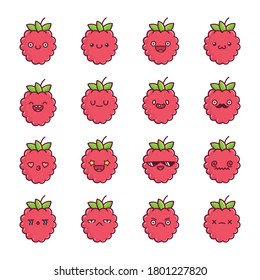 set of fun kawaii raspberry fruit icon cartoons isolated on white background