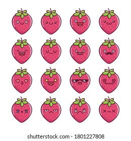 set of fun kawaii strawberry fruit icon cartoons isolated on white background