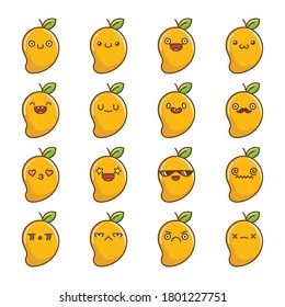 Juego de divertidos dibujos animados kawaii de frutas tropicales de mango aislados en fondo blanco