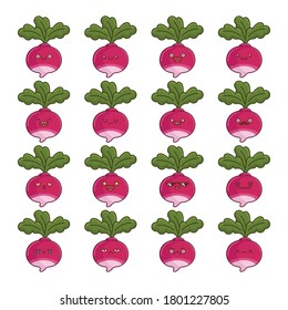 set of fun kawaii turnip vegetable icon cartoons isolated on white background