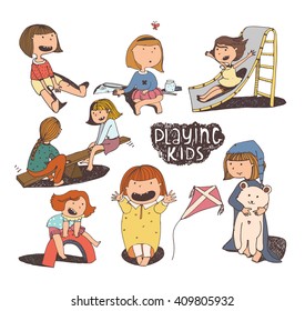 Set of fun and kind kids illustrations. Girls are playing outdoors, smiling, hugging, jumping on playground. Vector isolated on white background picture, hand-drawn with liquid ink.