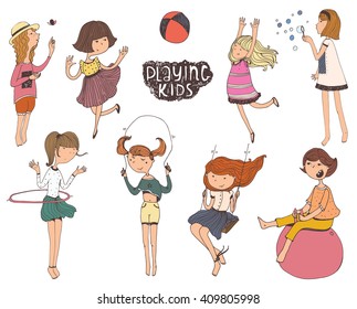 Set of fun and kind kids illustrations. Girls are playing outdoors, smiling, jumping on playground, playing with hula hup, fitball, skipping rope, ball. Vector isolated on white background picture.