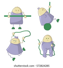 Set of fun and kind kids illustrations. characters of children playing in the playground , smiling, jumping rope, on the swing swinging. Vector isolated on white background picture, sketch, scribble.
