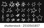 Set of fun like kid drawing white stars. Collection of wax pencil texture geometric elements. Night sky symbols scribble, doodle. Rough crayon or chalk vector illustration. Squiggles in children style