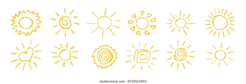 Divertido como criança desenhando sol amarelo. Coleção pintada com lápis de cera ou lápis pastel ícones ensolarados. Símbolos do céu de verão. Elementos de design. Ilustração de vetor de textura de giz áspero em estilo infantil