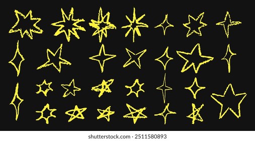 Set of fun like kid drawing yellow stars on black chalkboard. Collection of wax pencil texture geometric elements. Night sky symbols scribble, doodle. Rough crayon, chalk vector illustration.