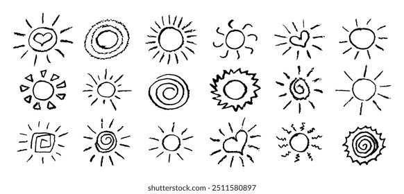 Divertido como criança desenhando sol negro. Coleção pintada com lápis de cera ou lápis pastel ícones ensolarados. Símbolos do céu de verão. Ilustração de vetor de textura de giz áspero em estilo infantil. Elementos de design