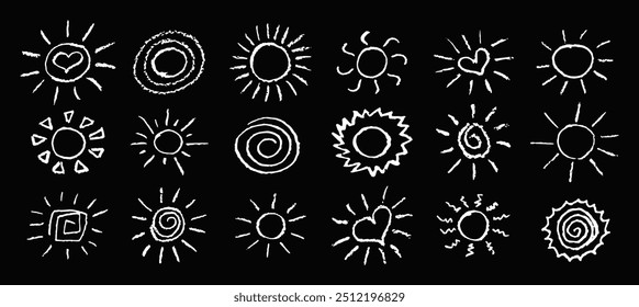 Divertido como criança desenhando sol branco. Coleção pintada com lápis de cera ou lápis pastel ícones ensolarados. Símbolos do céu de verão. Ilustração de vetor de textura de giz áspero em estilo infantil. Elementos de design.