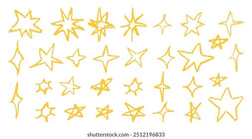 Divertido como criança desenhando estrelas amarelas. Coleção de elementos geométricos de textura de lápis de cera. Símbolos do céu noturno rabiscam, rabiscar. giz de cera áspero, ilustração com vetor de giz. Rabiscos em estilo infantil