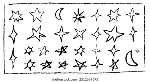 Set of fun like kid drawing black stars and crescent. Collection of wax pencil texture geometric elements. Night sky symbols scribble, doodle. Rough crayon, chalk vector illustration in children style