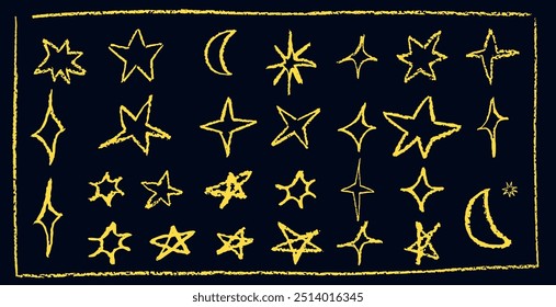 Set of fun like kid drawing gold stars and crescent. Collection of wax pencil texture geometric elements. Night sky symbols scribble, doodle. Rough crayon, chalk vector illustration in children style