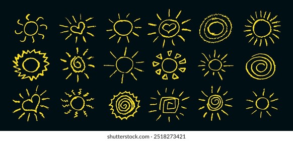 Divertido como criança desenhando sol amarelo. Coleção pintada com lápis de cera ou lápis pastel ícones ensolarados. Símbolos do céu de verão. Ilustração de vetor de textura de giz áspero em estilo infantil. Elementos de design