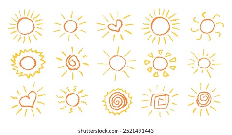 Divertido como criança desenhando sol amarelo. Coleção pintada com lápis de cera ou lápis pastel ícones ensolarados. Símbolos do céu de verão. Elementos de design. Ilustração de vetor de textura de giz áspero em estilo infantil