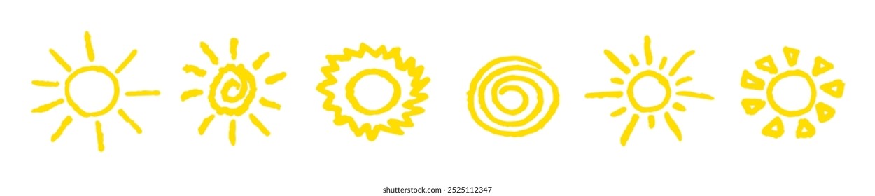 Divertido como criança desenhando sol amarelo. Coleção pintada com lápis de cera ou lápis pastel ícones ensolarados. Símbolos do céu de verão. Elementos de design. Ilustração de vetor de textura de giz áspero em estilo infantil