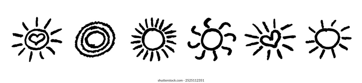 Divertido como criança desenhando sol negro. Coleção pintada com lápis de cera ou lápis pastel ícones ensolarados. Símbolos do céu de verão. Ilustração de vetor de textura de giz áspero em estilo infantil. Elementos de design