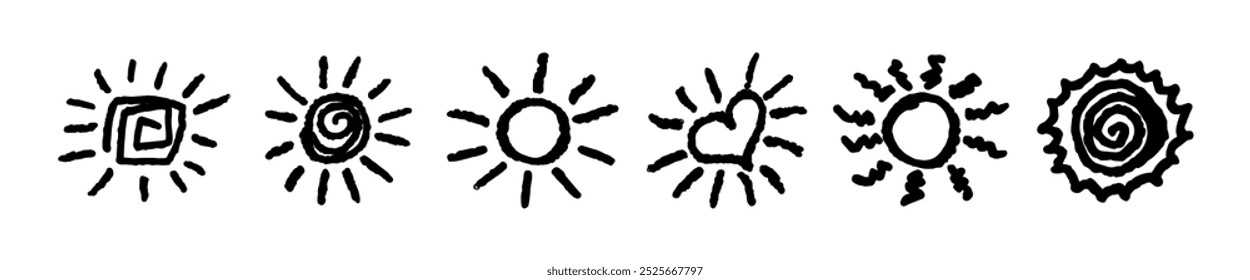 Divertido como criança desenhando sol negro. Coleção pintada com lápis de cera ou lápis pastel ícones ensolarados. Símbolos do céu de verão. Ilustração de vetor de textura de giz áspero em estilo infantil. Elementos de design