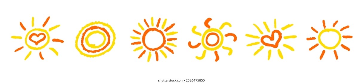 Divertido como criança desenhando sol amarelo. Coleção pintada com lápis de cera ou lápis pastel ícones ensolarados. Símbolos do céu de verão. Elementos de design. Ilustração de vetor de textura de giz áspero em estilo infantil