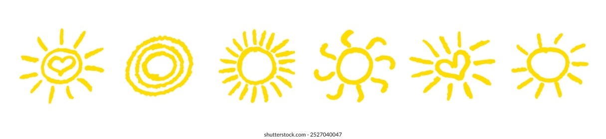 Divertido como criança desenhando sol amarelo. Coleção pintada com lápis de cera ou lápis pastel ícones ensolarados. Símbolos do céu de verão. Elementos de design. Ilustração de vetor de textura de giz áspero em estilo infantil