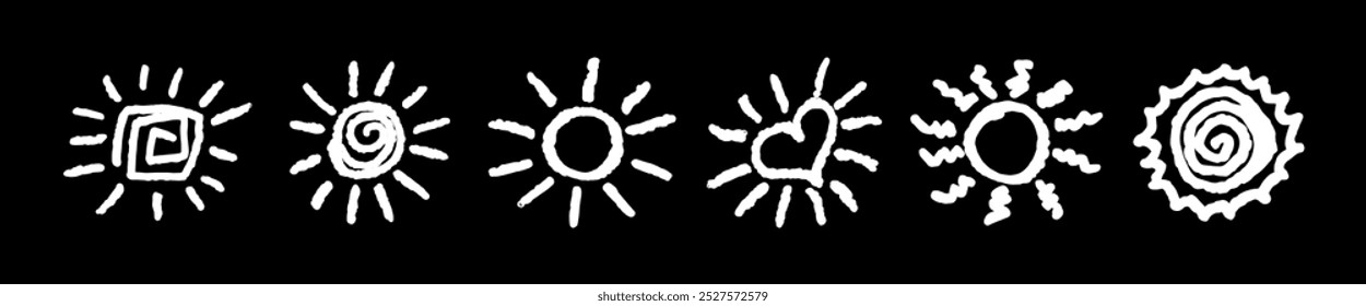 Divertido como criança desenhando sol branco. Coleção pintada com lápis de cera ou lápis pastel ícones ensolarados. Símbolos do céu de verão. Ilustração de vetor de textura de giz áspero em estilo infantil. Elementos de design.