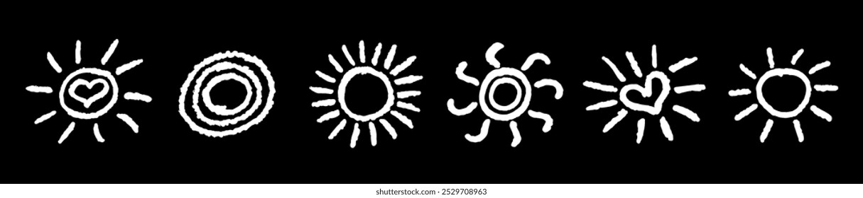 Divertido como criança desenhando sol branco. Coleção pintada com lápis de cera ou lápis pastel ícones ensolarados. Símbolos do céu de verão. Ilustração de vetor de textura de giz áspero em estilo infantil. Elementos de design.