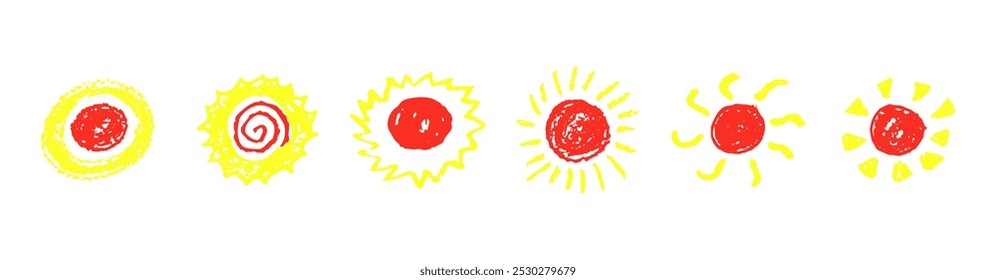 Divertido como criança desenhando sol amarelo. Coleção pintada com lápis de cera ou lápis pastel ícones ensolarados. Símbolos do céu de verão. Elementos de design. Ilustração de vetor de textura de giz áspero em estilo infantil