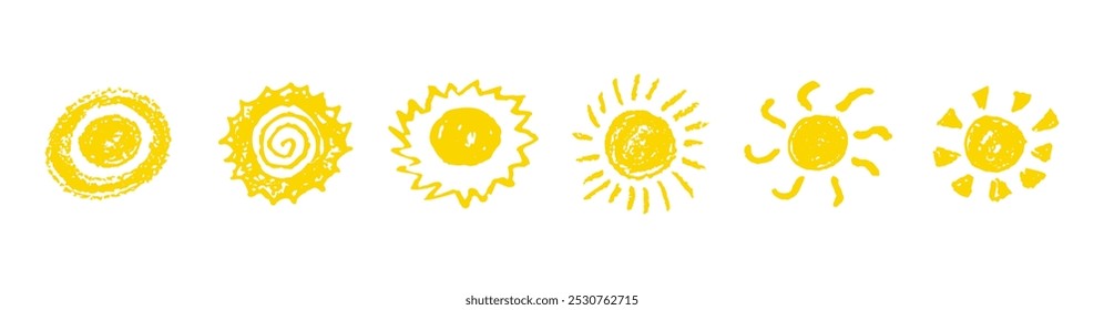 Divertido como criança desenhando sol amarelo. Coleção pintada com lápis de cera ou lápis pastel ícones ensolarados. Símbolos do céu de verão. Elementos de design. Ilustração de vetor de textura de giz áspero em estilo infantil