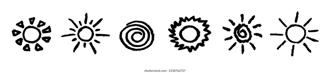 Divertido como criança desenhando sol negro. Coleção pintada com lápis de cera ou lápis pastel ícones ensolarados. Símbolos do céu de verão. Ilustração de vetor de textura de giz áspero em estilo infantil. Elementos de design