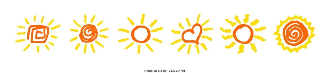 Divertido como criança desenhando sol amarelo. Coleção pintada com lápis de cera ou lápis pastel ícones ensolarados. Símbolos do céu de verão. Elementos de design. Ilustração de vetor de textura de giz áspero em estilo infantil