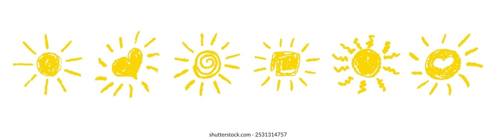 Divertido como criança desenhando sol amarelo. Coleção pintada com lápis de cera ou lápis pastel ícones ensolarados. Símbolos do céu de verão. Elementos de design. Ilustração de vetor de textura de giz áspero em estilo infantil